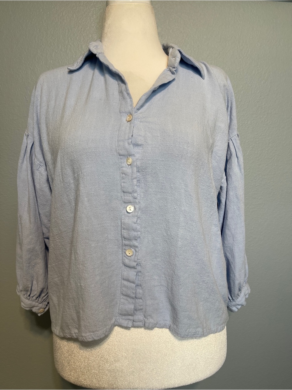 LelaSilk Blue Button Down Blouse Relaxed Lagenlook Coastal Quiet Luxury Large